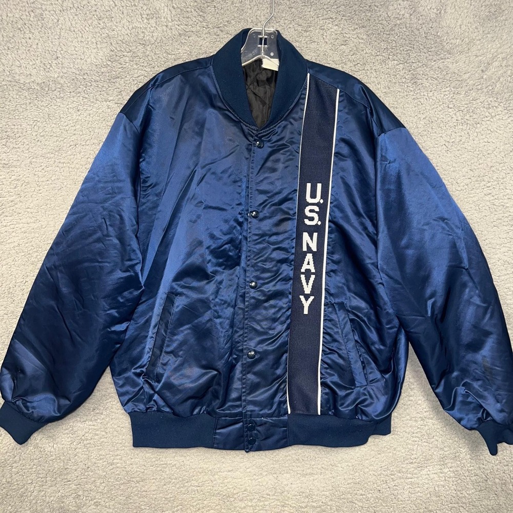 VTG Swingster US‎ Navy Jacket 2XL XXL Blue Satin Bomber Snap Button Military 80s